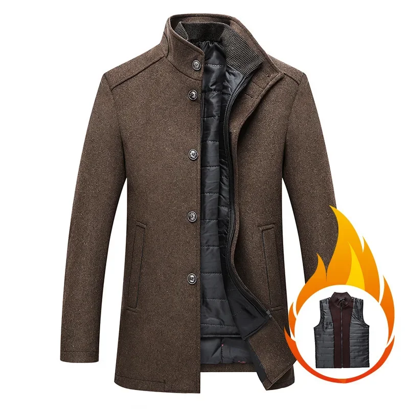 2024 Spring and Autumn New Solid Color Casual Men's Coat Woolen Coat Men's Warm Vertical Collar Woolen Coat with Vest