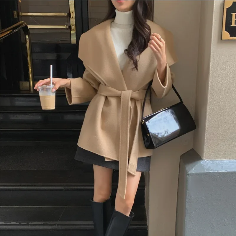 in stock South Korea Chic French Retro Elegant Elegant Shawl Collar Pocket Lace-Up Woolen Coat Casual Coat