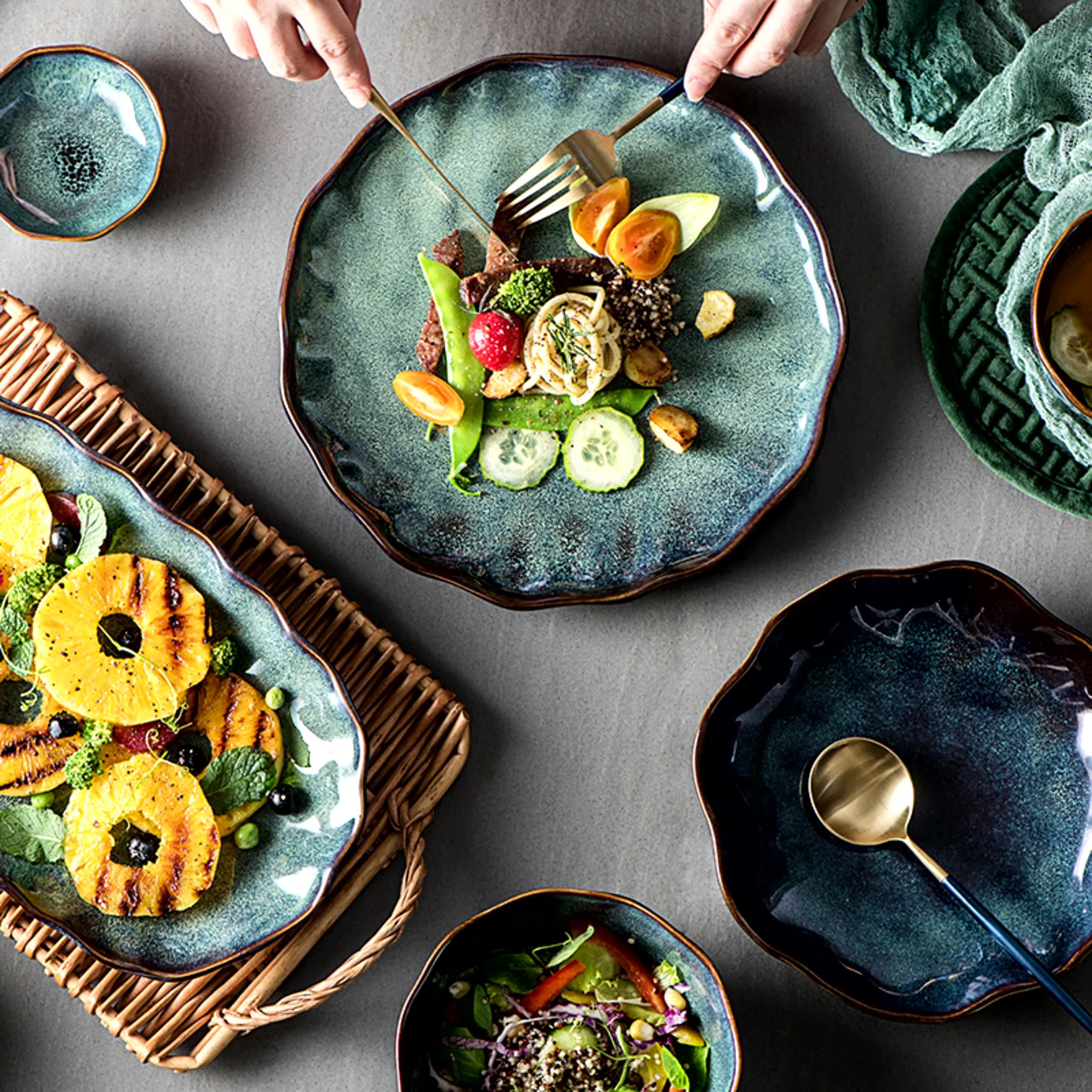 Antique Teal Irregular Stoneware Ceramic Reactive Glaze Dinnerware