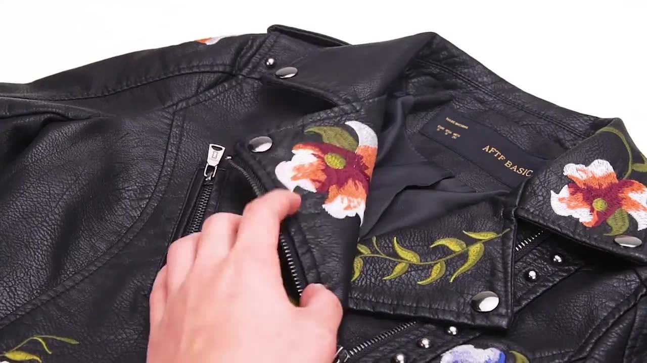 FTLZZ Women Faux Soft Leather Jacket Embroidery Floral Faux Leather Jacket Zippe