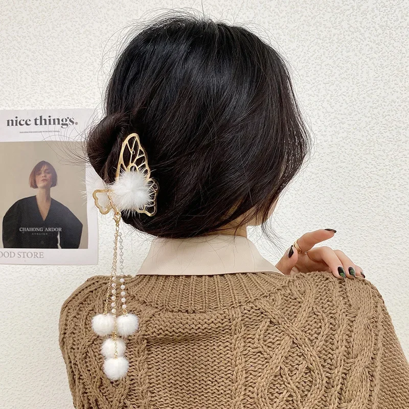 Japanese and Korean-style Metal Butterfly Tassel Clip Korean Girly Elegant Elegant Pearl Hairpin Headwear Hairpin Women