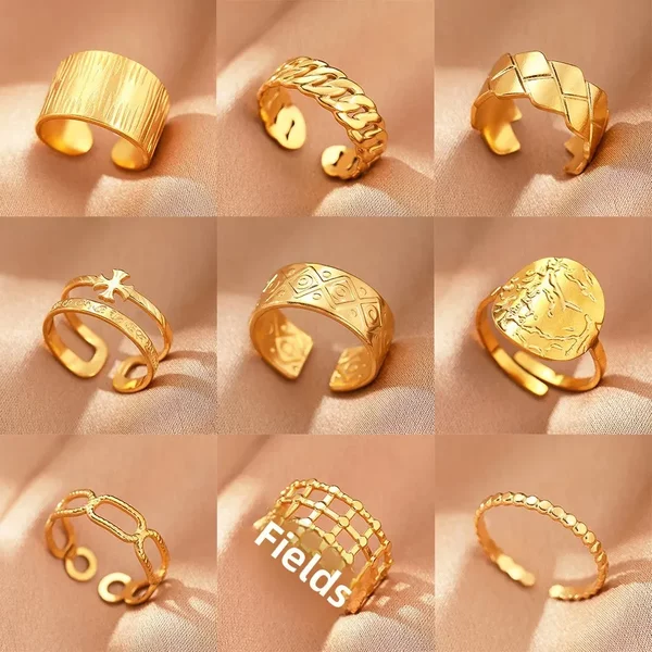 European and American ins style popular stainless steel geometric opening ring female temperament popular wide 18K gold plated wholesale