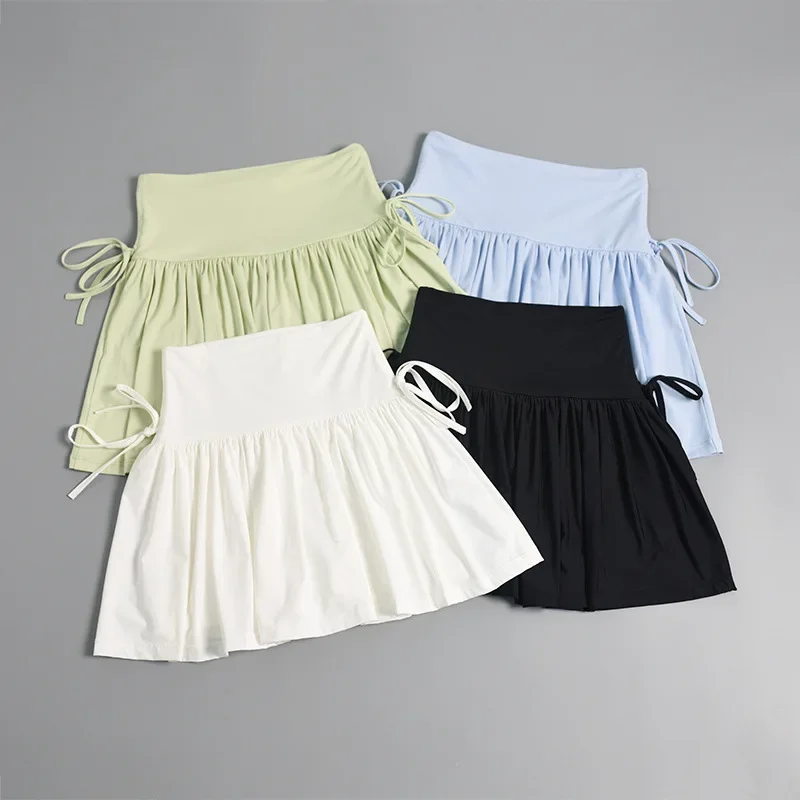 Sports Yoga Skirt Summer Fitness Tennis Pleated Skirt Half-Length Quick-Drying Side Drawstring High Waist Outer Wear