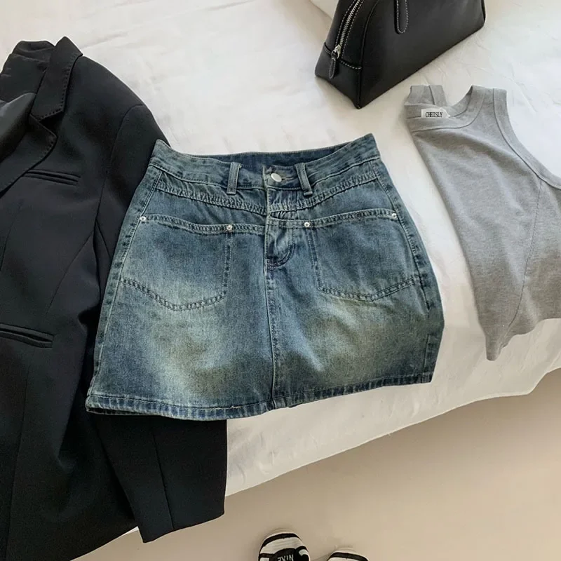 Half-length Denim Skirt Women's Sweet Trendy Internet Popular High Waist Split Pocket Design Sense Wrap Hip Niche Retro Skirt