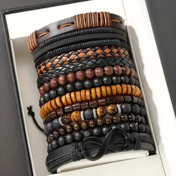 Cross-Border Hot-Selling Popular 12-Piece Set of Stacked Leather Bracelets for Men and Women, Factory Ready Stock Wholesale Without Box
