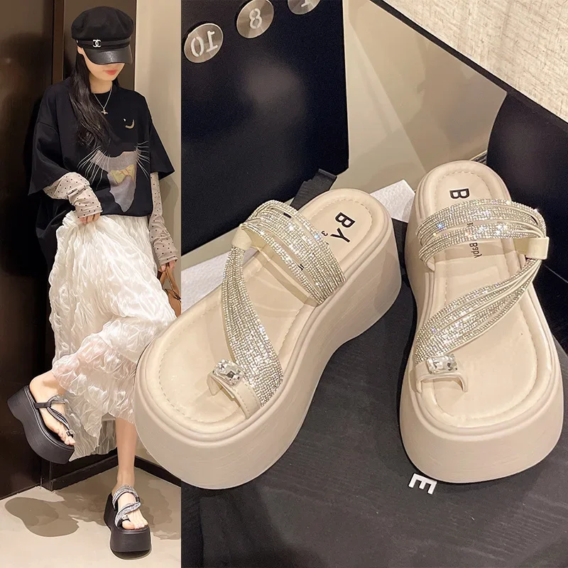 Beach Slippers for Women 2025 Summer New Style High-Bottom Thick-Soled Outer Wear with Skirt Beach Black Heightening Sandals