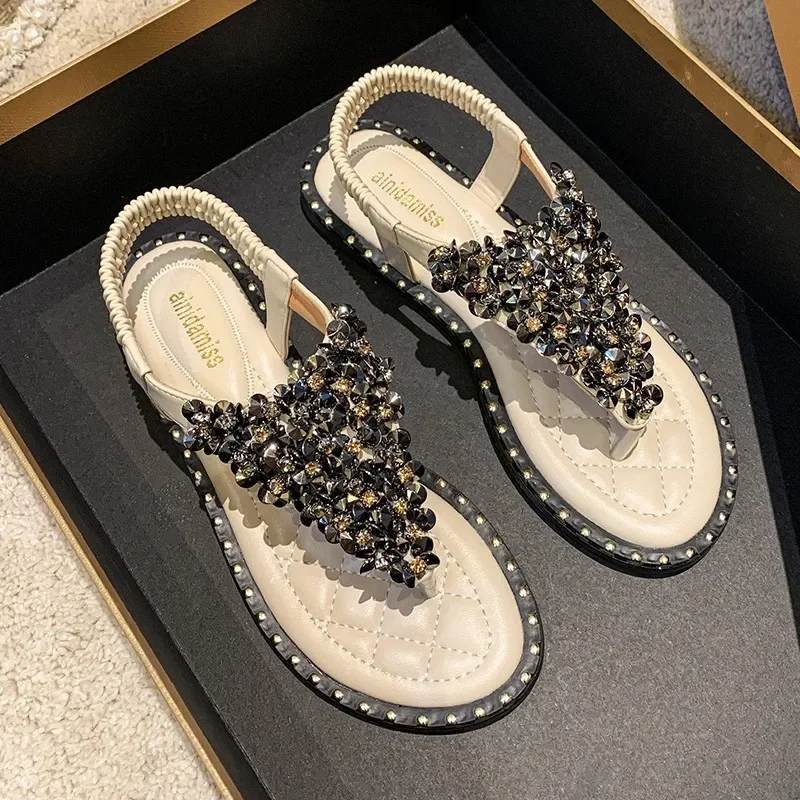 Clip Toe Sandals Women's Summer Fairy Style 2023 New Fashion Rhinestone Ladies Flat Roman Shoes Women's Large Size Women's Shoes