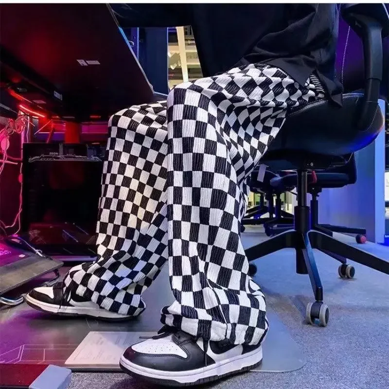 American Checkered Pants for Women - Spring and Summer Thin Version High Street Ins Trend Brand Droopy Wide Leg Pants for Men - Black and White Checkered Casual Pants