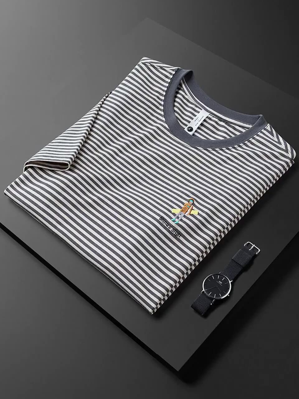 Ningqu marcher summer thin striped round neck pullover T-shirt men's short-sleeved slim personality embroidery half-sleeve men's clothing