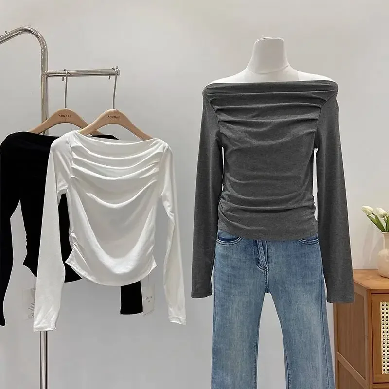Design Pleated Pure Desire Shoulder Inner Top Women's Early Autumn High-end Slim-fit Temperament Base Shirt Long Sleeve