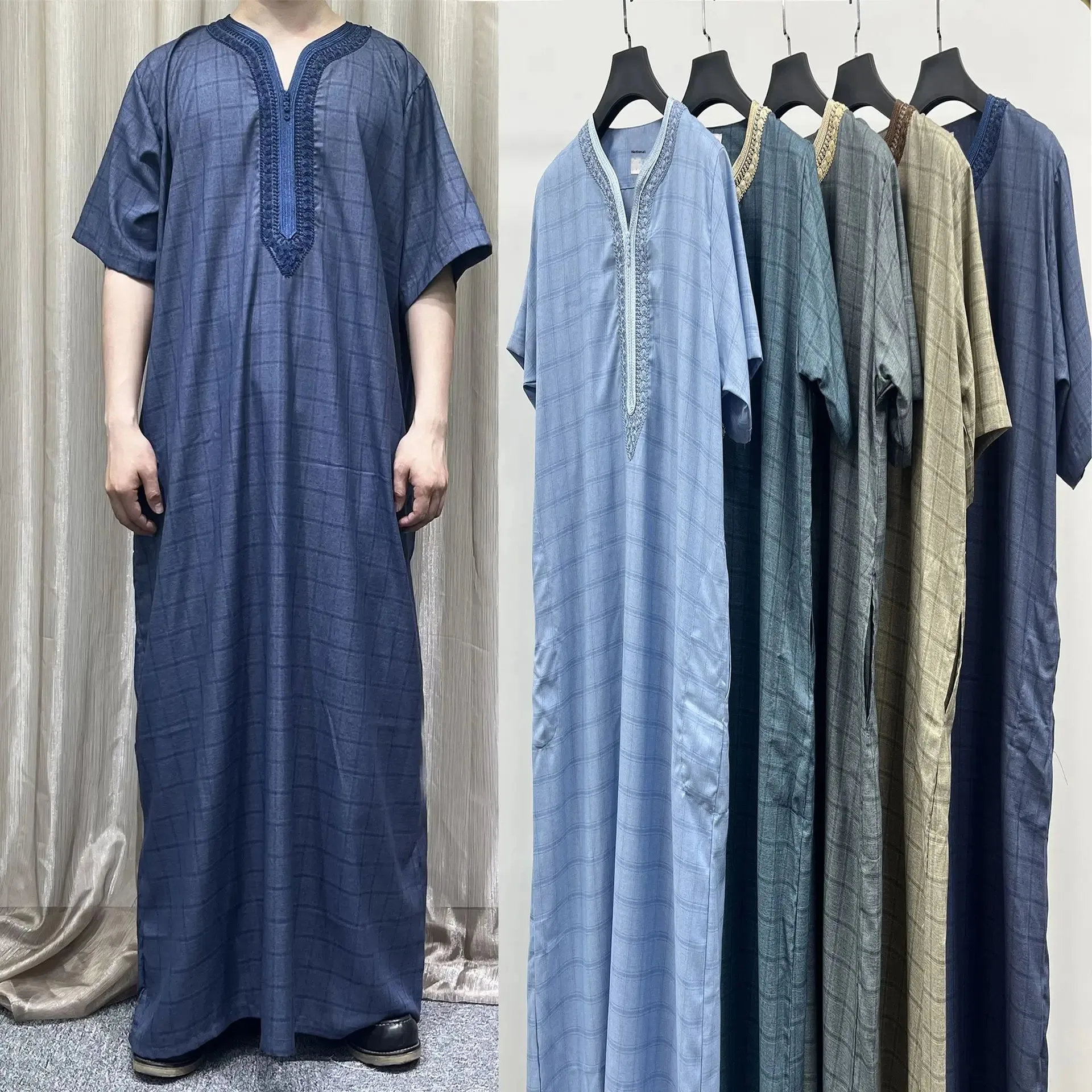 2025 cross-border high-quality rayon overseas hot-selling Moroccan robe exquisite embroidered plaid pattern with pocket in stock