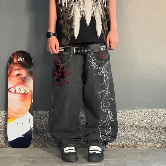 Cross-border European and American Dark Gothic Style Printed Jeans Men's Spring and Summer High Street Niche Loose All-match Wide-leg Pants