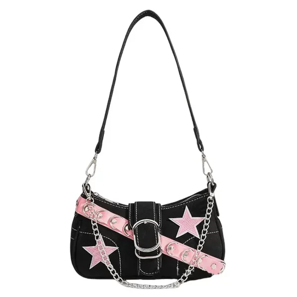 Cross-Border Niche Pink Belt Chain New Star Baguette Shoulder Bag Y2K Millennium Style Sexy Armpit Bag for Women