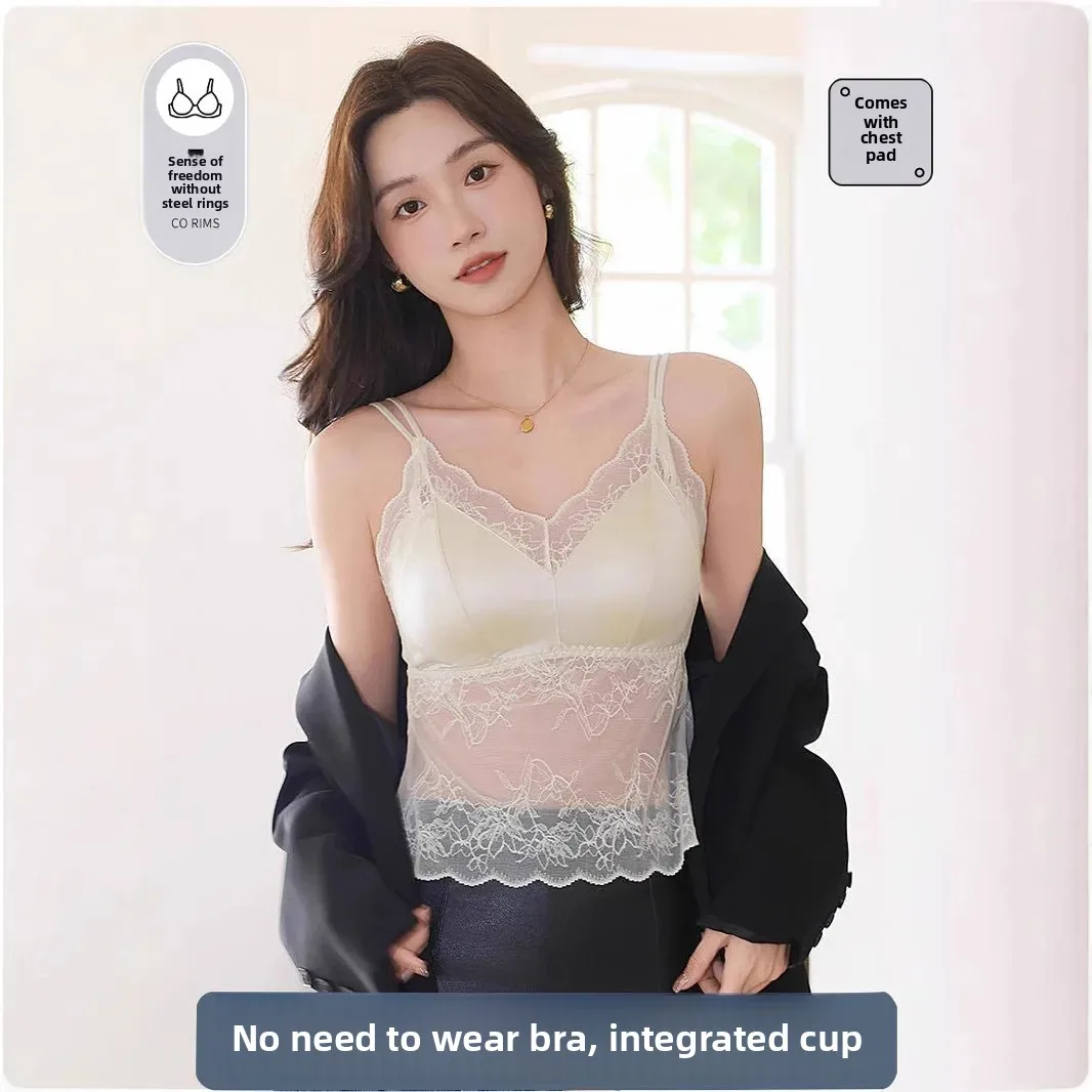 French Lace Satin Sexy Beautiful Back Camisole for Women with Breast Pads, Fixed Cup, Outer Wear and Inner Wear, Thin Style Without Steel Rims