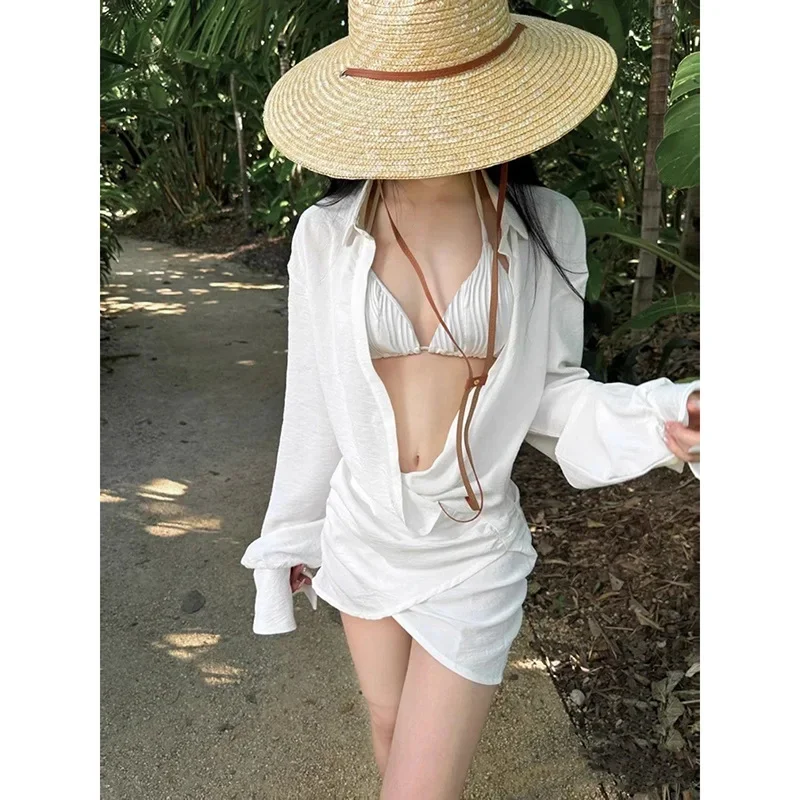 Ins Beach Resort Bikini Shirt Skirt Swimsuit Women's Three-Piece Set Belly Internet Celebrity Small Boobs Hot Summer