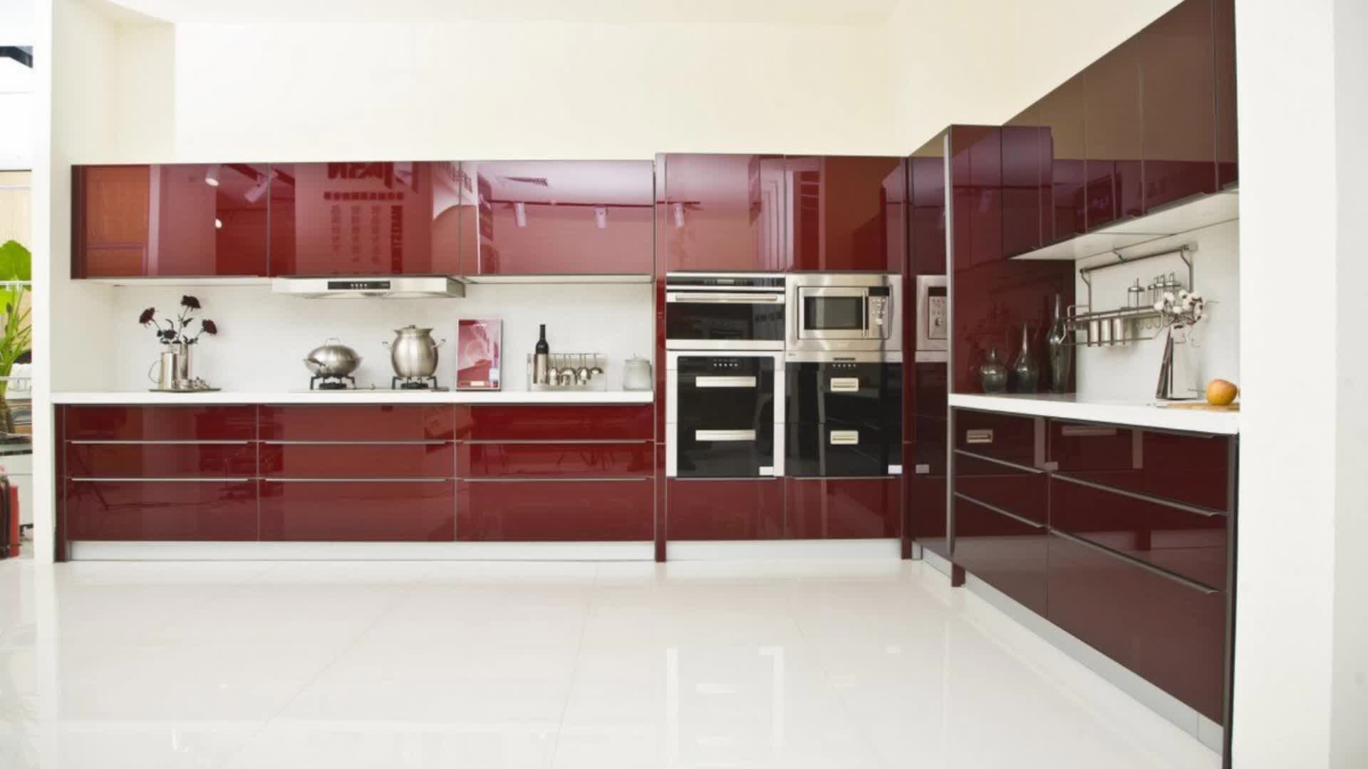 High Gloss Wine Red Color Crystal Steel Board Kitchen With Sink