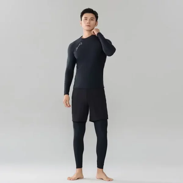 Men's Three-Piece Diving Suit with Long Sleeves and Long Pants, Large Size Rash Guard, Snorkeling and Surfing Swimwear, Men's Oversized Swim Trunks