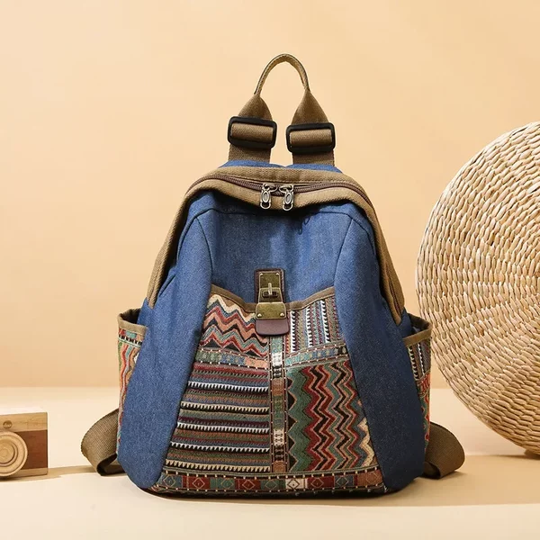 2025 New Ethnic Style Fashion Denim Backpack Retro Embroidered Large Capacity Travel Commuter Backpack for Women