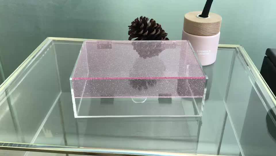 2019 Lucite Glass Material Glitter Pink Jewelry Box With Glitter Flip