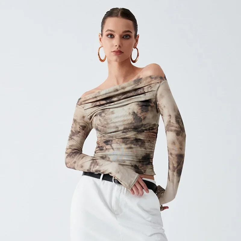 2026 Spring New European and American Style 3D Printed Cropped Slim-Fit T-Shirt Retro Sexy One-Shoulder Pleated Top for Women