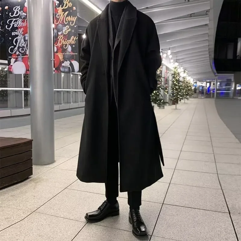 Korean Versatile Mid-length Windbreaker Men's Spring and Autumn Knee-length British Windwool Coat Loose Trendy Coat