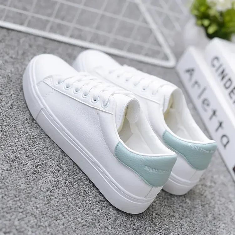 Women's White Shoes, Korean Style, Very Match for Spring and Autumn, Leather Surface, Flat Running Shoes, Sporty, Breathable, Female Platform Shoes