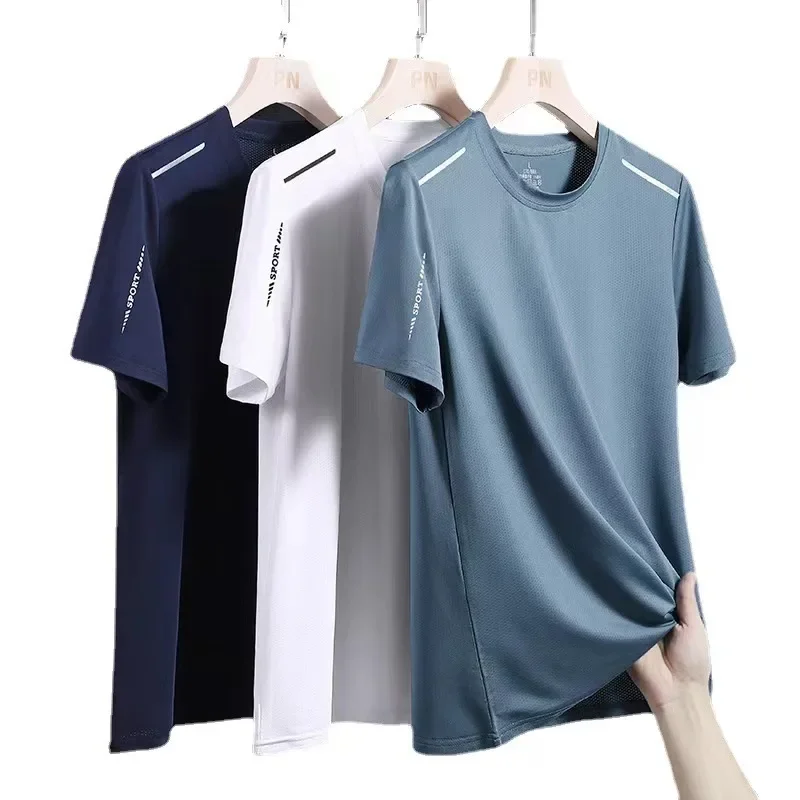 Men's Ice Silk Short-Sleeve T-Shirt, Summer Pure Color Loose Breathable High-Elastic Quick-Dry Sports Casual Men's T-Shirt