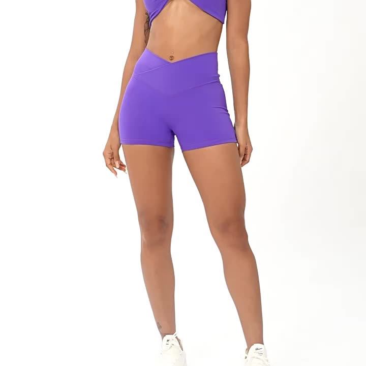 Women Cross Waist V Hip Line Running Short Pants Fitness Yoga Biker ...