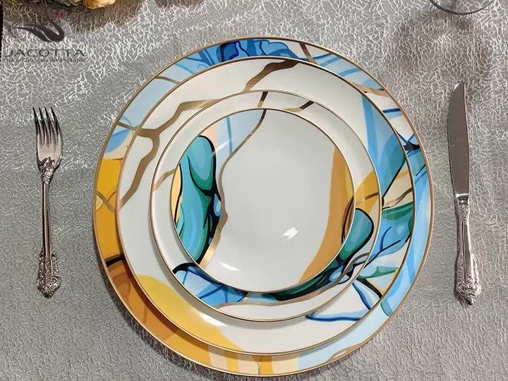 Wholesale Nordic Restaurant Ceramic Serving Dish Dinner Plate Gold Rim