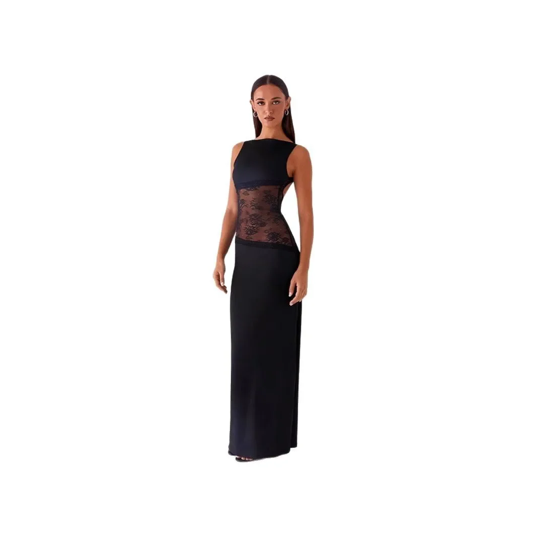 Summer Sexy Slim-fit Lace Satin Stitching Backless Long Dress Slimming Dress Women