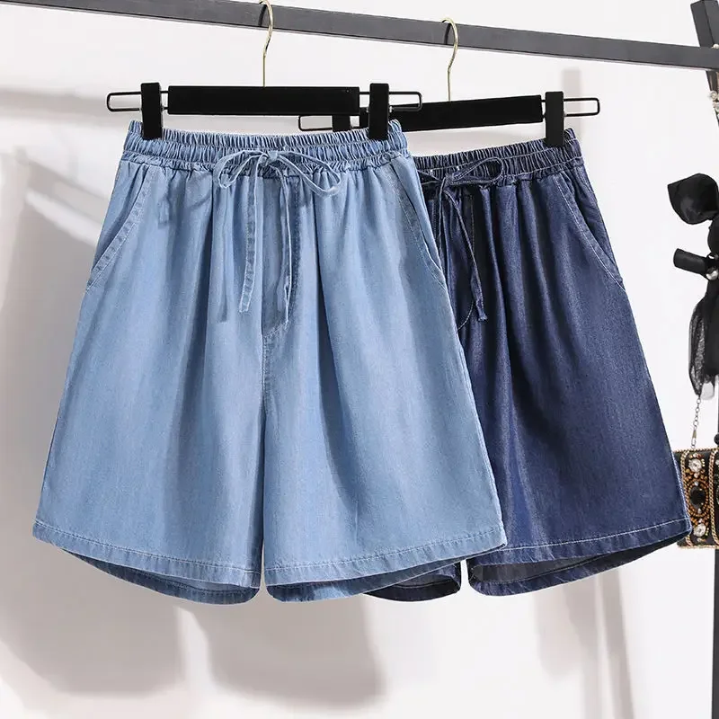 Cotton blend denim shorts for girls, summer new thin ice silk casual five-inch loose wide-leg high-waist A-line hot pants for plus size