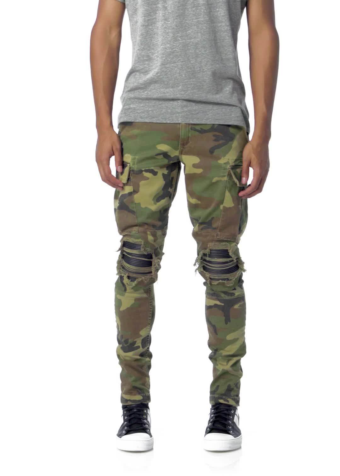 Diznew Army Cargo Stack Distressed Ripped Patches Knee Camo Denim Jeans