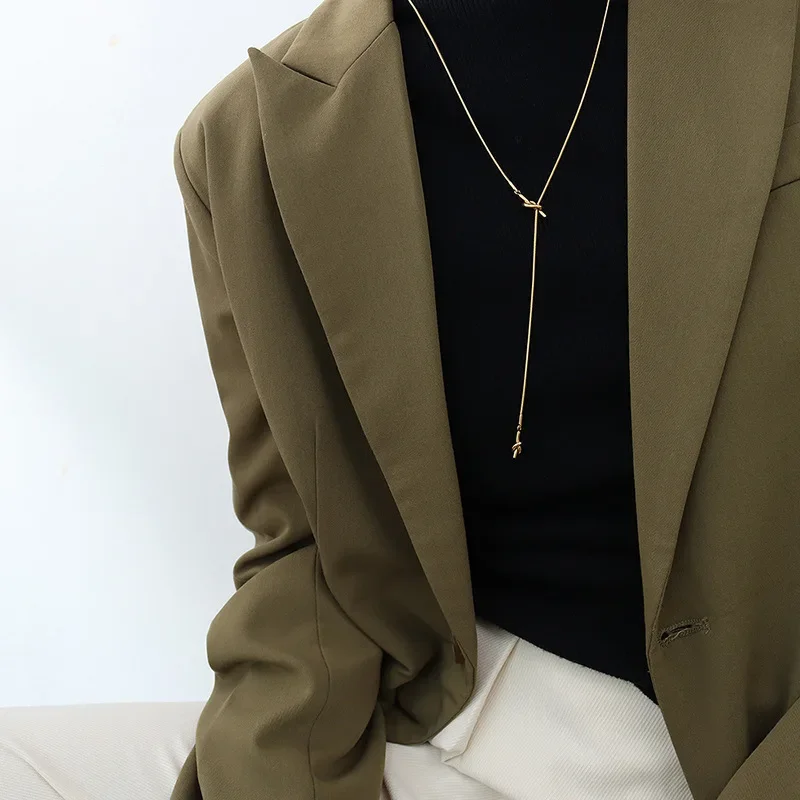 Korean-style geometric design heart-shaped knotted tassel adjustable sweater chain niche 18K gold plated necklace jewelry M045