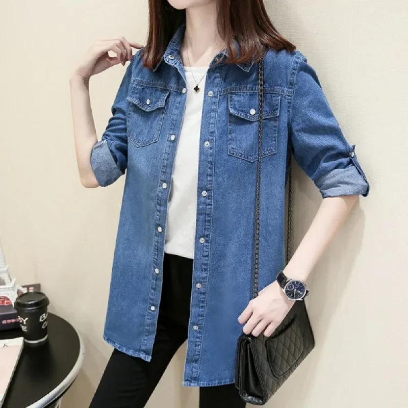 Real Shot Spring New Denim Shirt Women's Long-sleeved Academy-style Slim-fit Slimming Korean-style All-match Shirt