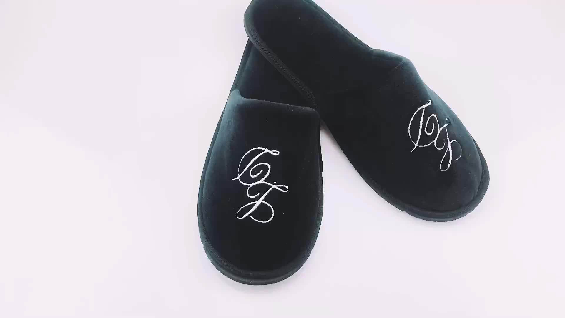 Black Cotton Velour Disposable Customized Hotel Slippers With