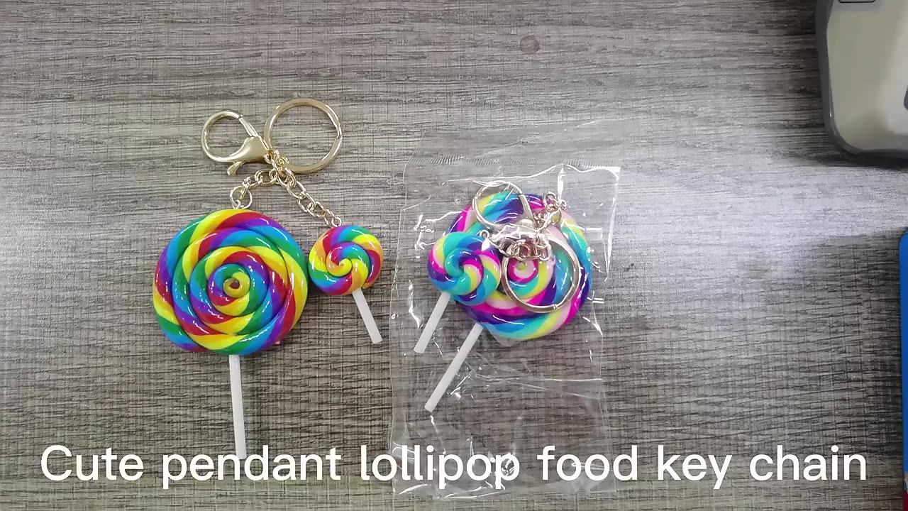 Cute Rainbow Lollipop Keychain With Pom Pom Metal Hook Custom Odm