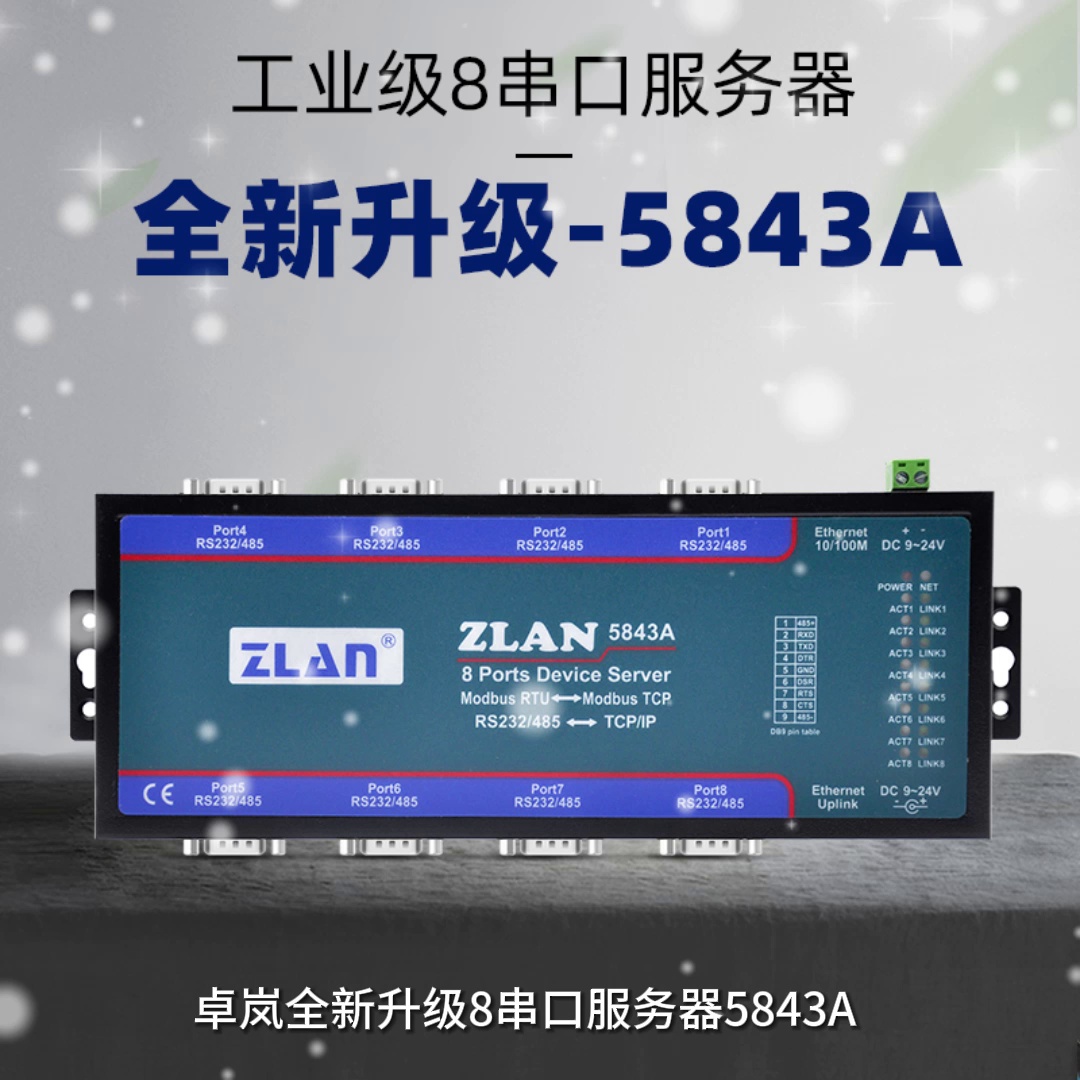 工业控场王者登场。ZLAN5843A串口活动器、8口串口转以太网、双网口设计太顶了