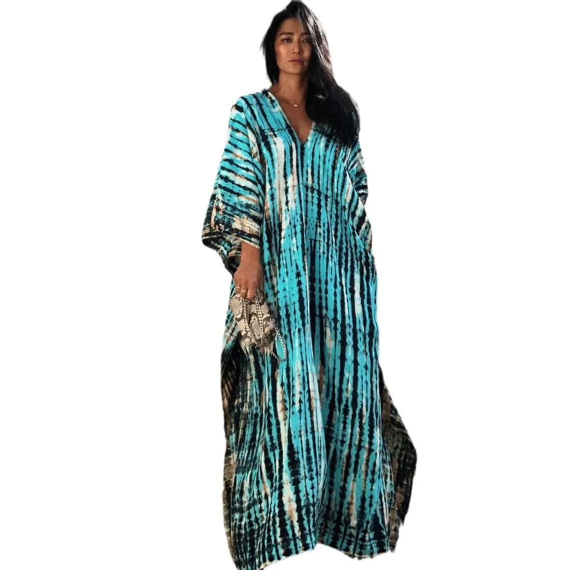 Factory Sales Beach Caftan Loose Tie-Dye Robe Vacation Cover-up Sun Protective Clothing Drop Shipping