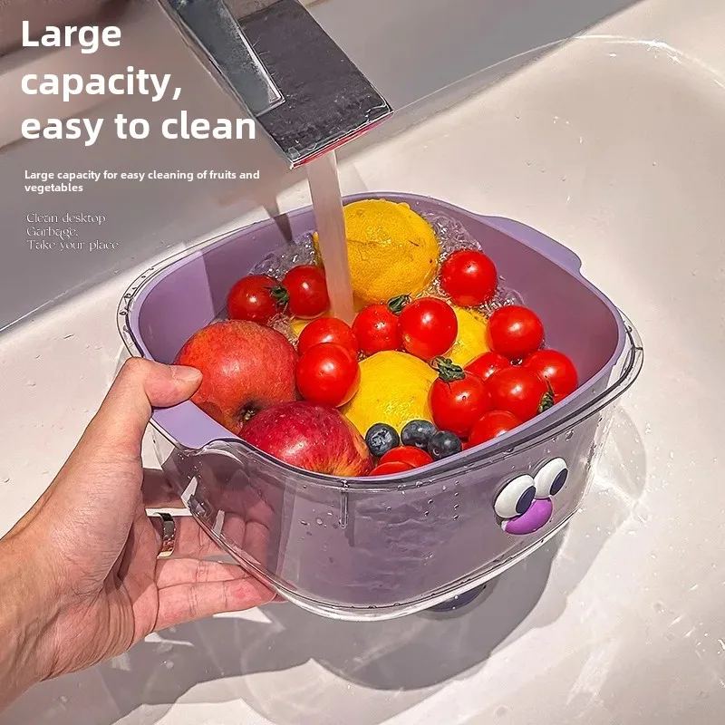 Double Layer New Dopamine Drain Basket Cute Household Fruit and Vegetable Cleaning Basket Two-in-One Thickened Vegetable Washing Basket