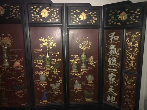 Classical Home Old Red Wood Inlaid Jade Septage Fan-Taobao