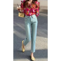 品牌四面彈蒂芙尼藍百搭法棍煙管褲子高腰直筒牛仔褲女秋季新款