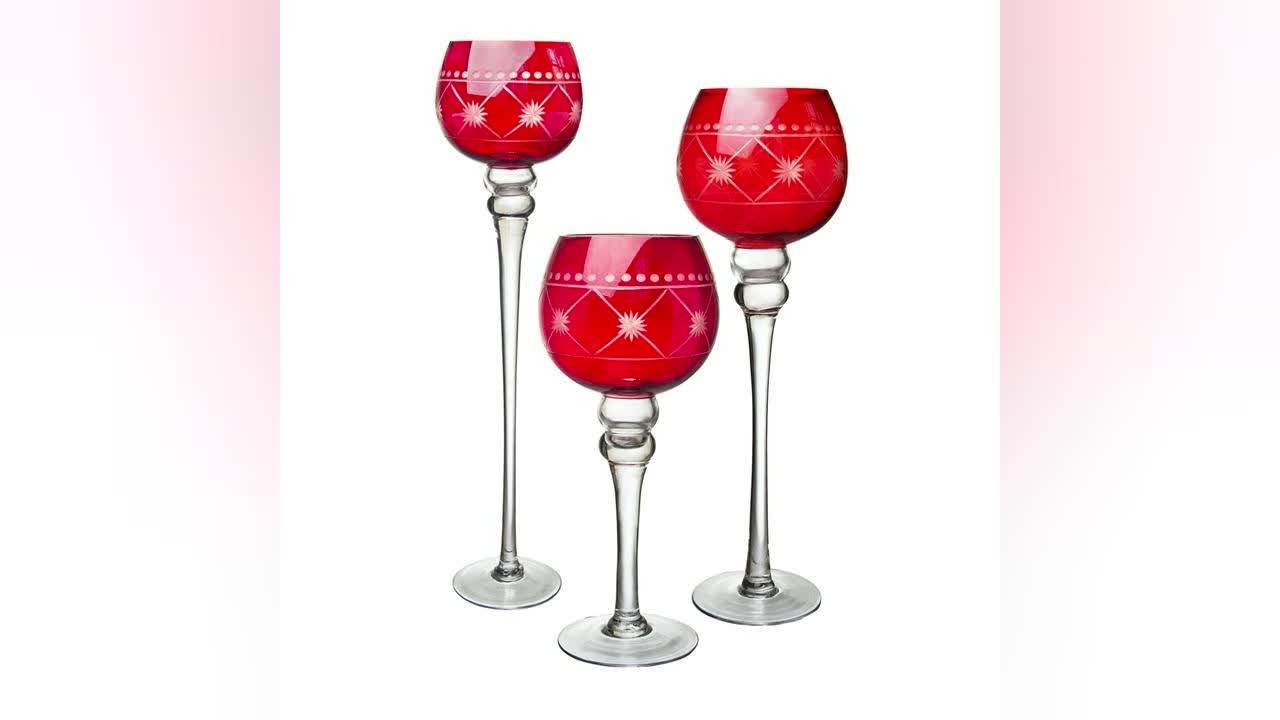 Wholesale Set Of 3 Hand Painted Red Long Stem Glass Candle Holder For