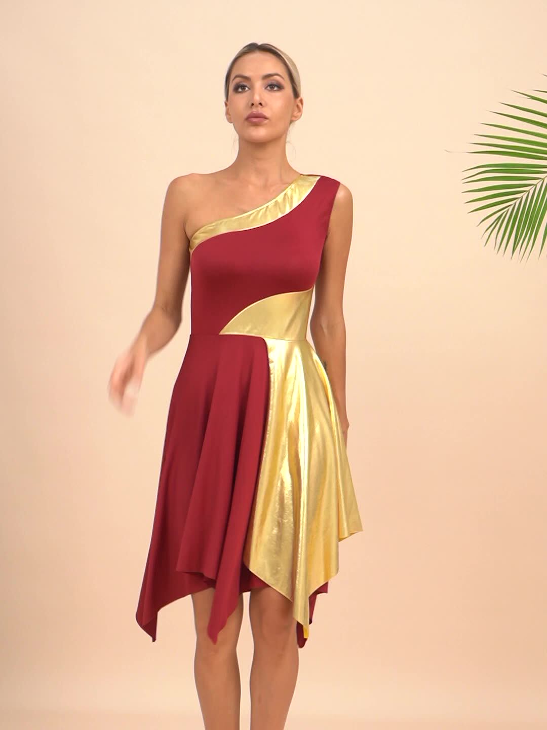 Womens Color Block One Shoulder Irregular Hem Sleeveless Metallic Praise Dance Dress Womens Color Block One Shoulder Irregular Hem Sleeveless Metallic Praise Dance Dress