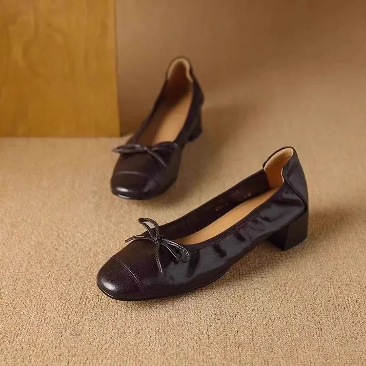 Soft Leather Retro Bow Round Toe Shoes Women's Spring and Autumn Bean Shoes Ballet Thick Heel Mid-Heel Soft Bottom Milk Shoes