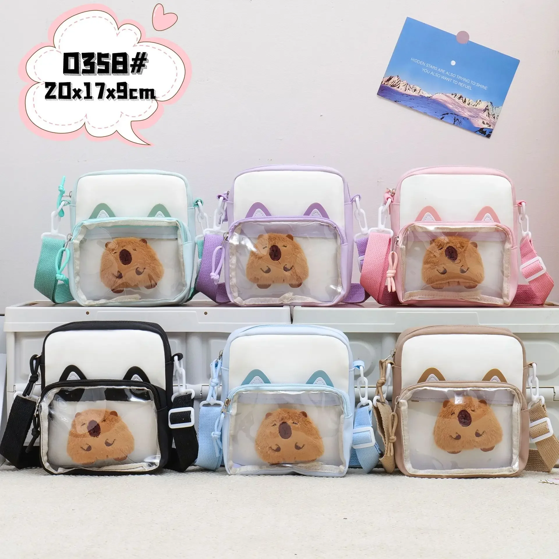 2025 New Transparent Shoulder Bag Boys and Girls Cute Capibala Bow Badge Edition Crossbody Handbag
