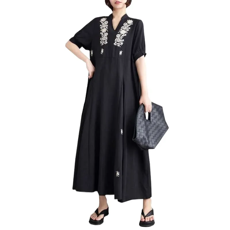 Summer megaphone, dress, Korean style, loose fit, flowered, with embroidery, plus size