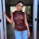 Amazon European and American style women's 2024 new leather pile collar personality waist slant sleeveless top