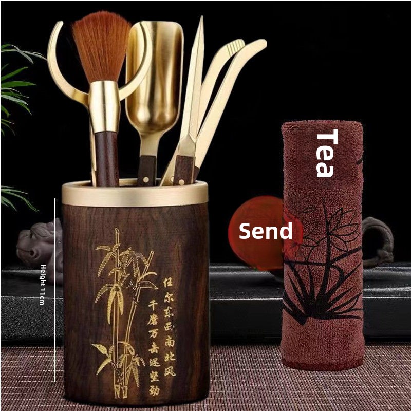 Pure Copper Tea Ceremony Six Gentlemen Set: Tea Tube, Tea Tongs, Pu'Er Tea Knife, Ebony Kung Fu Tea Accessories, Tea Brewing Tools