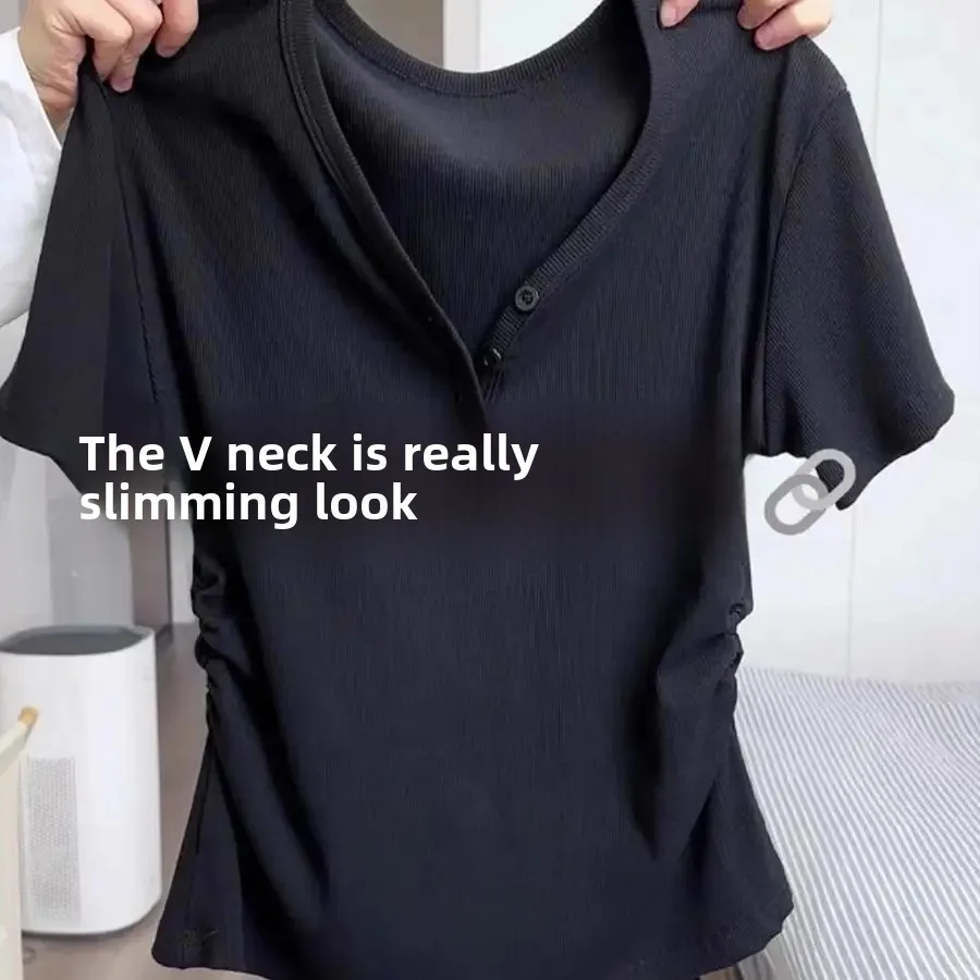 Women's Summer V-Neck Short Sleeve T-Shirt with Asymmetrical Holes, Loose Shoulder, Slimming Waist, Wrinkled, Unique and Distinctive