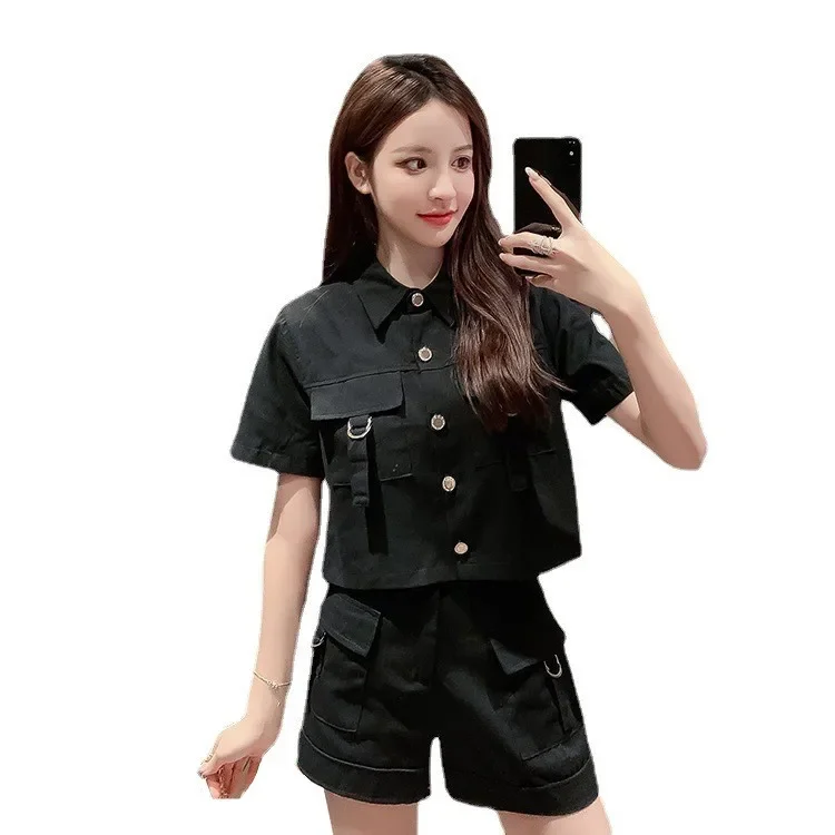 Workwear Style Slim-Fitting and Figure-Shaping 2025 Summer Cross-Border New Short-Sleeve Jacket Wide-Leg Shorts Set for Women